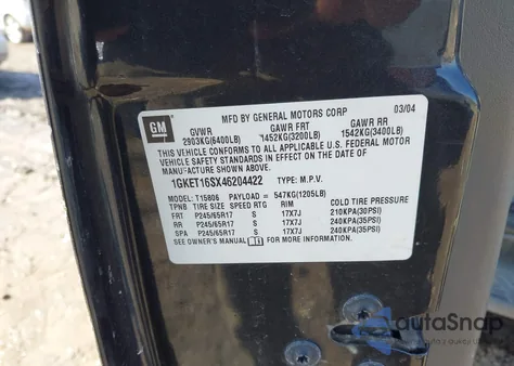 2004 GMC Envoy Xl Slt из США, поврежденный, VIN 1GKET16SX46204422